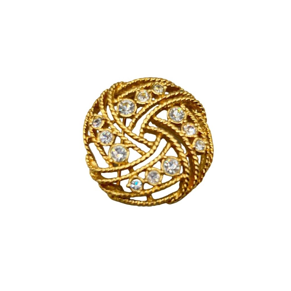 Vintage Rhinestones Pin Brooch Gold Tone Round Circle Domed Intersected Design